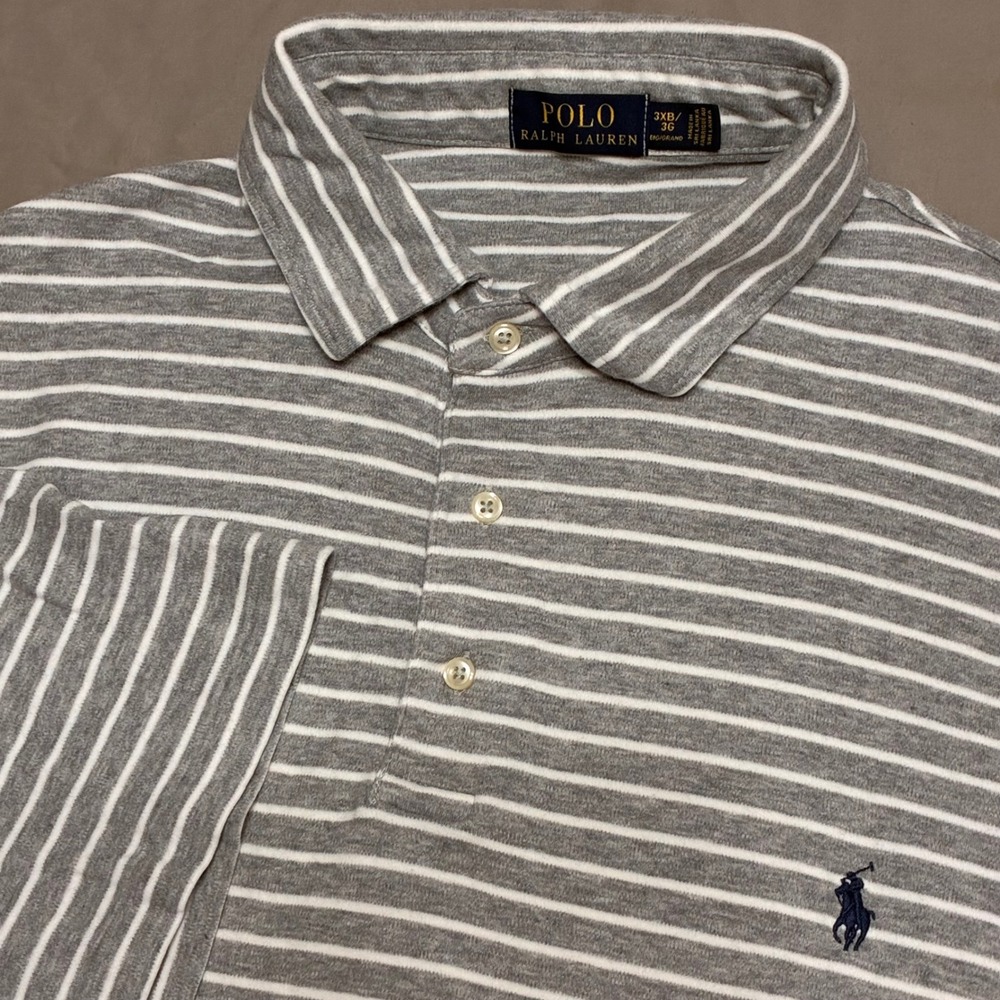 Polo Ralph Lauren Mens 3XB Grey White Striped Short Sleeve Polo Shirt Big & Tall